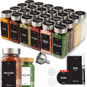 Deco Haus glass spice jars set showing 4 oz capacity for organized cooking
