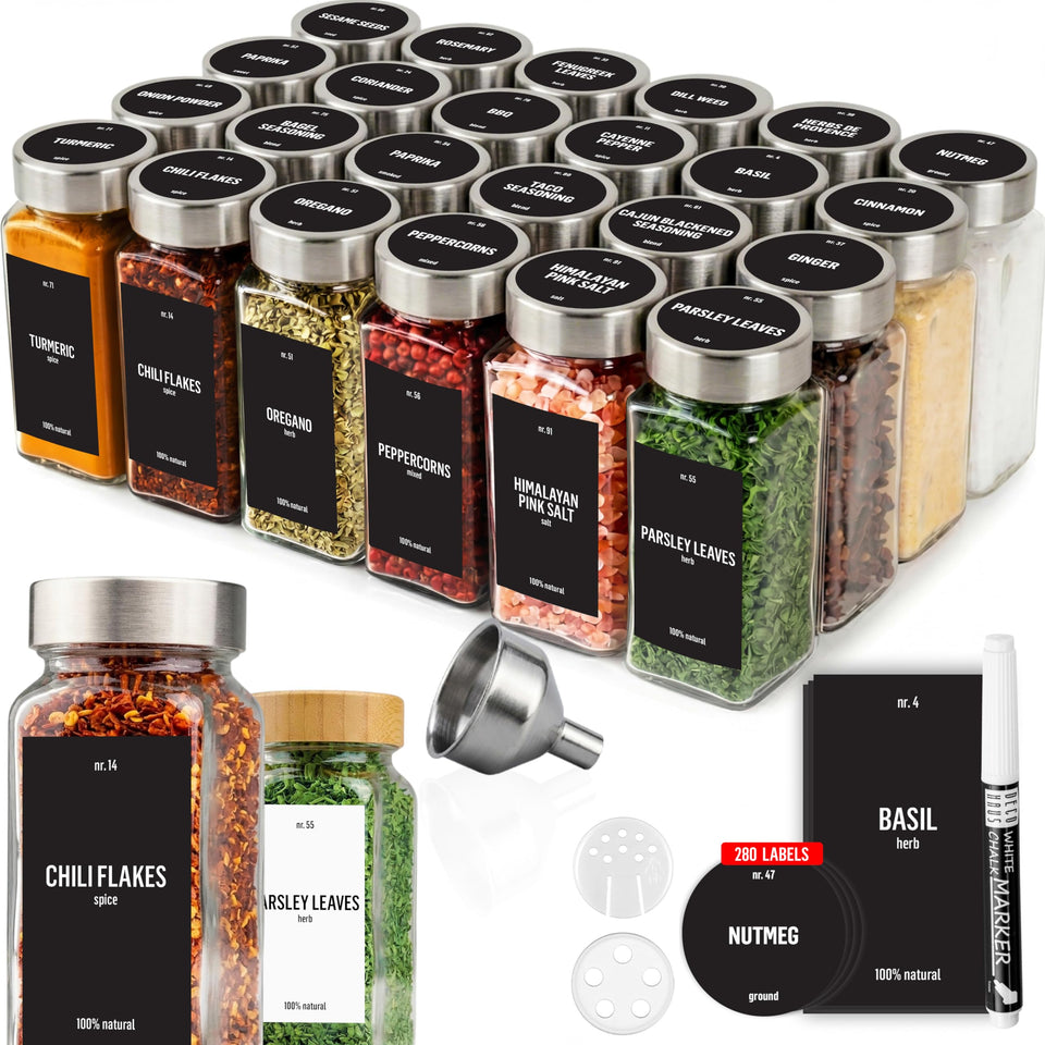 Deco Haus glass spice jars set showing 4 oz capacity for organized cooking