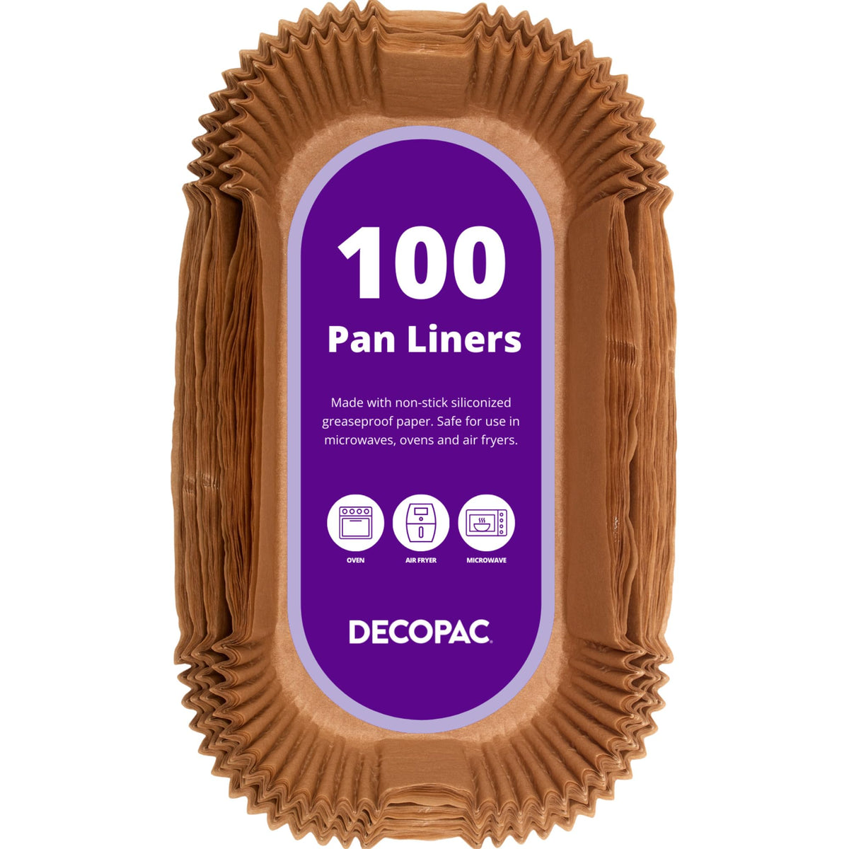 DecoPac loaf liner 100 pack in packaging for easy, mess-free baking.