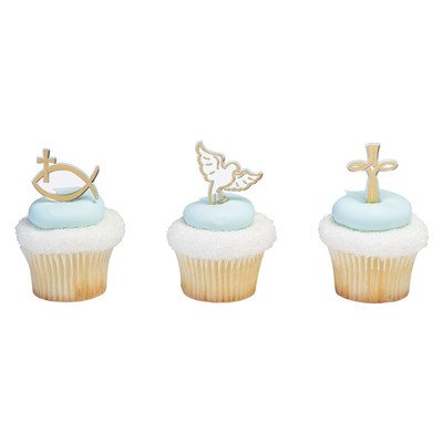 DecoPac religious icons cupcake picks in gold add festive detail to desserts for celebrations