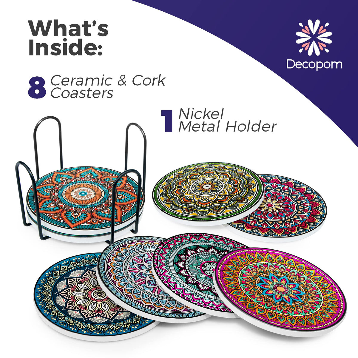 Decopom ceramic coaster absorbs spills quickly to prevent water rings.