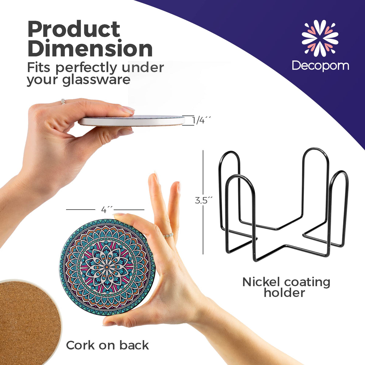Decopom cork-backed coaster keeps drinks steady and protects furniture.