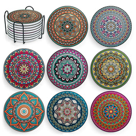 Decopom mandala drink coaster set with vibrant colors protecting surfaces.