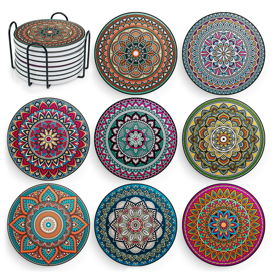 Decopom mandala drink coaster set with vibrant colors protecting surfaces.