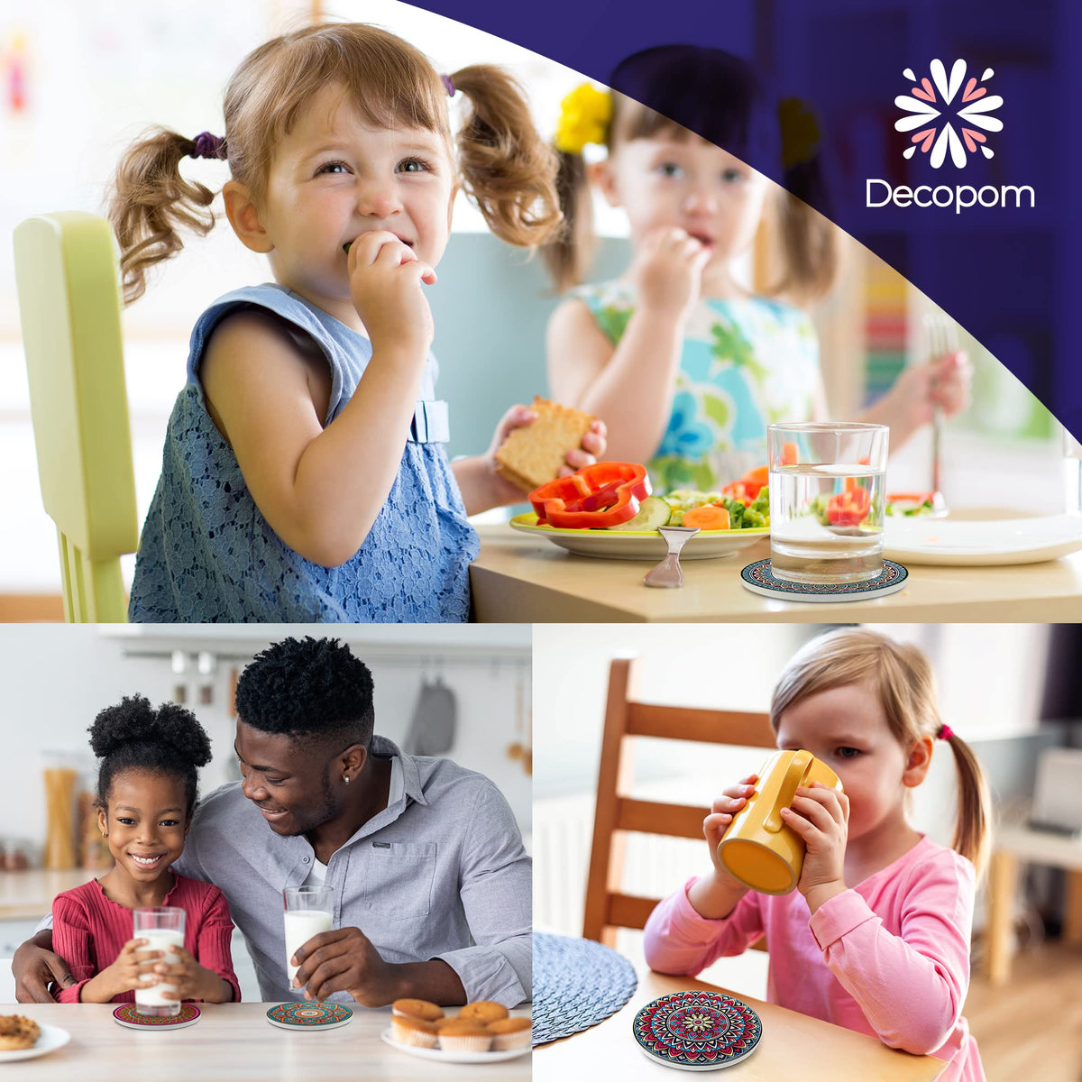 Decopom coaster reduces clinking noise on hard surfaces.