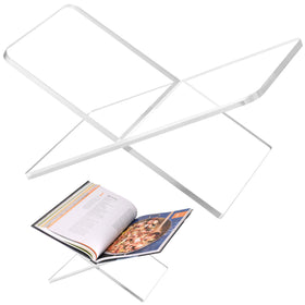 DECORANY acrylic book holder assembled view shows sturdy X-shaped support for stable display.