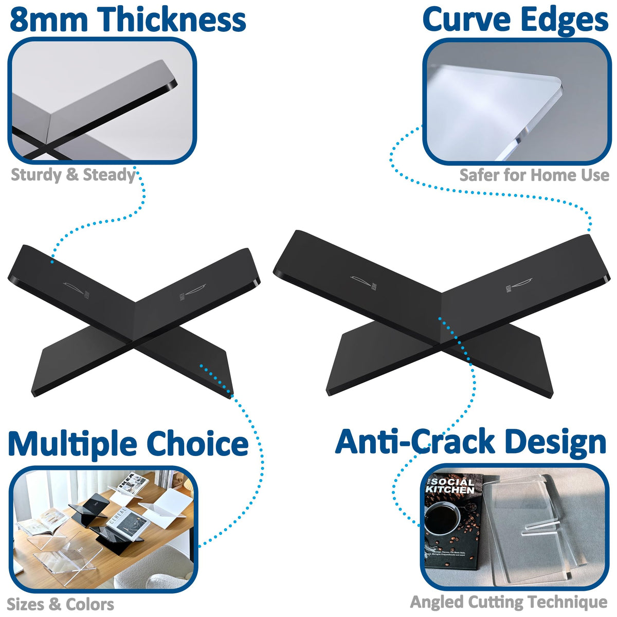 DECORANY acrylic book holder side view highlights slim profile and clear visibility.