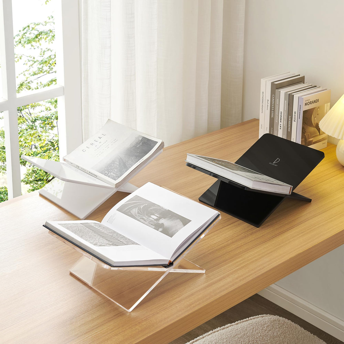 DECORANY acrylic book holder two-piece assembly locks securely for easy setup and transport.