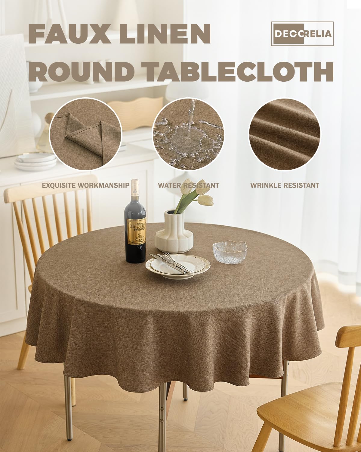 Decorelia burlap texture round tablecloth in coffee shade shields the table and adds rustic charm.