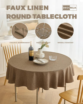 Decorelia burlap texture round tablecloth in coffee shade shields the table and adds rustic charm.