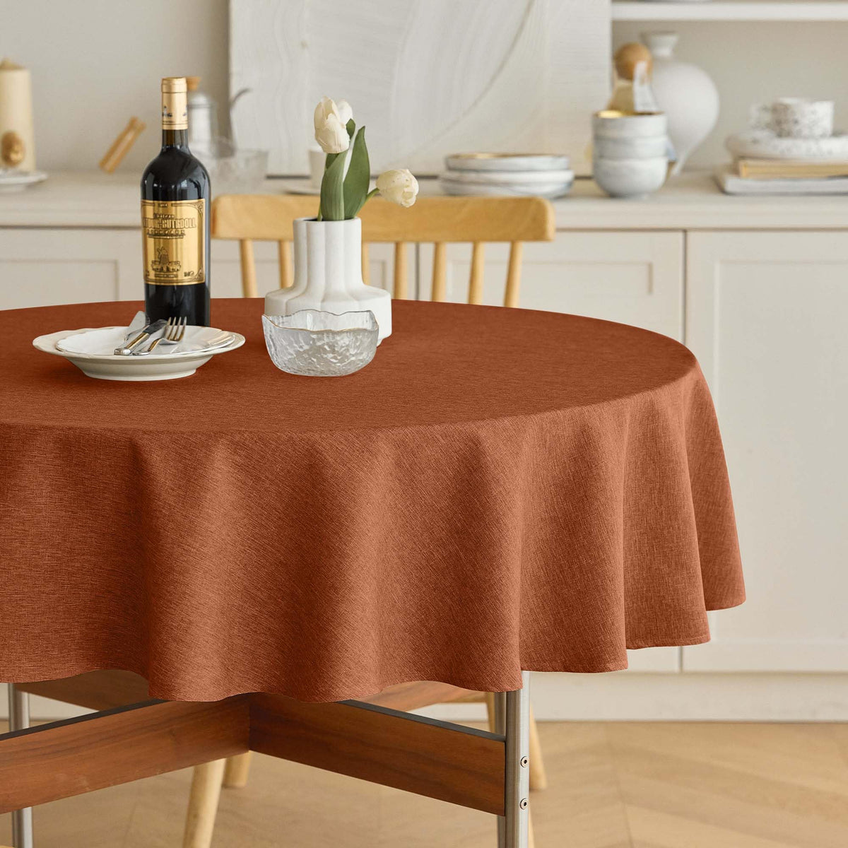Decorelia burnt orange round tablecloth 60in for warm fall dining setup