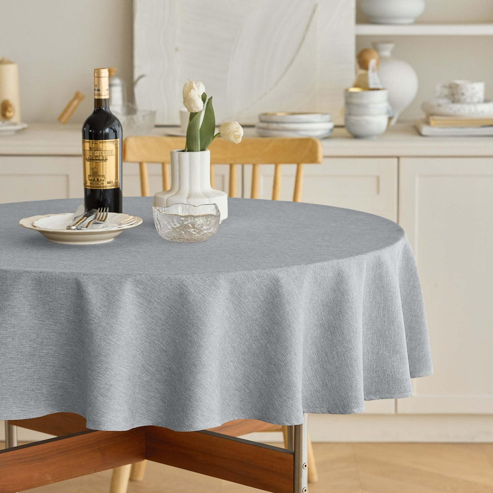 Decorelia linen round tablecloth 60in fabric texture highlights premium look and surface protection.