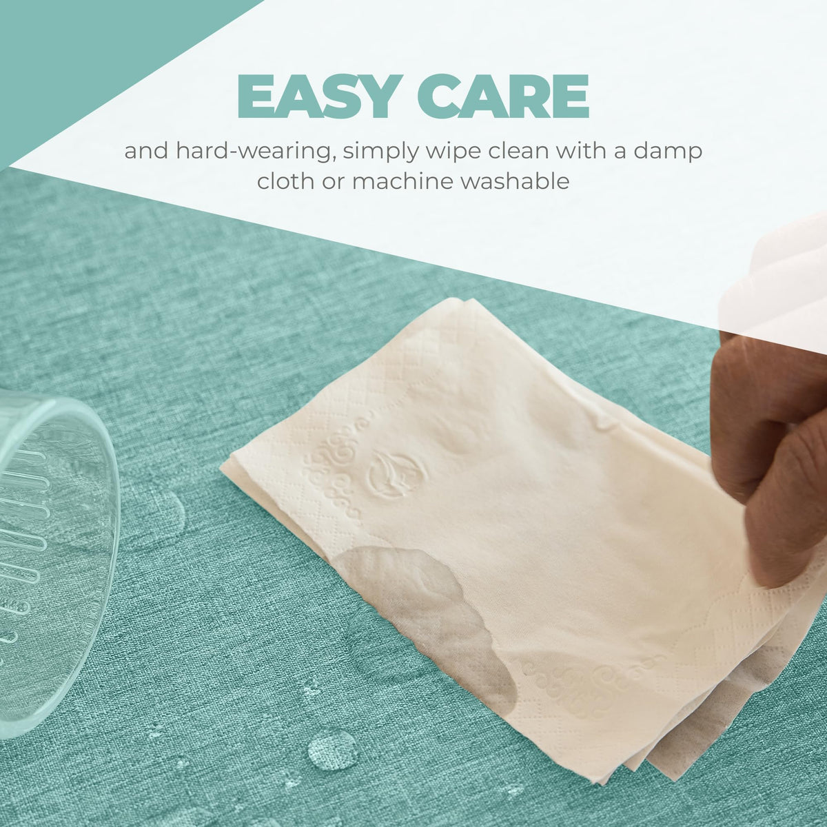 Decorelia linen texture tablecloth aqua flatlay with decor.