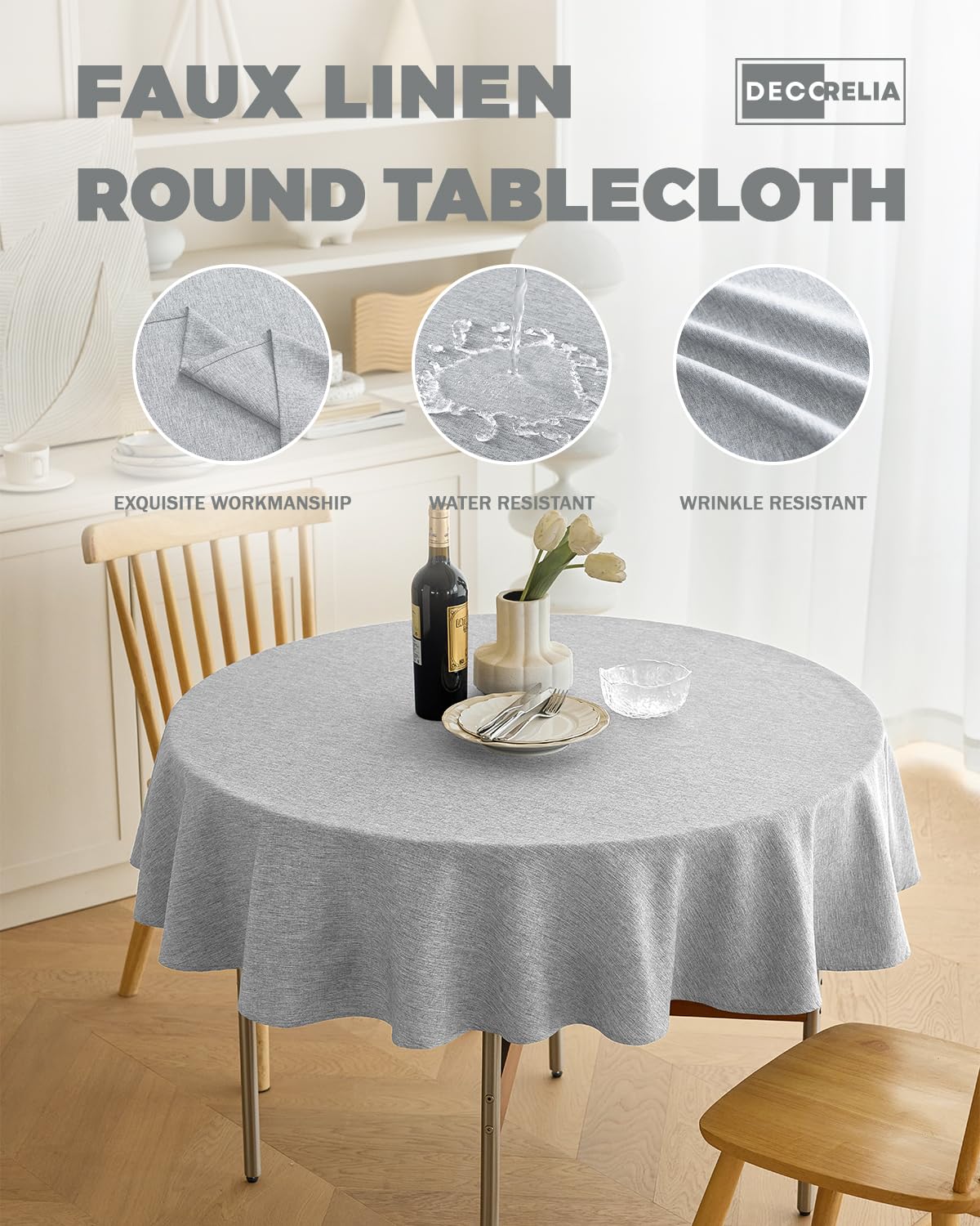 Decorelia round tablecloth in a dining setup adds elegant simplicity to any occasion.