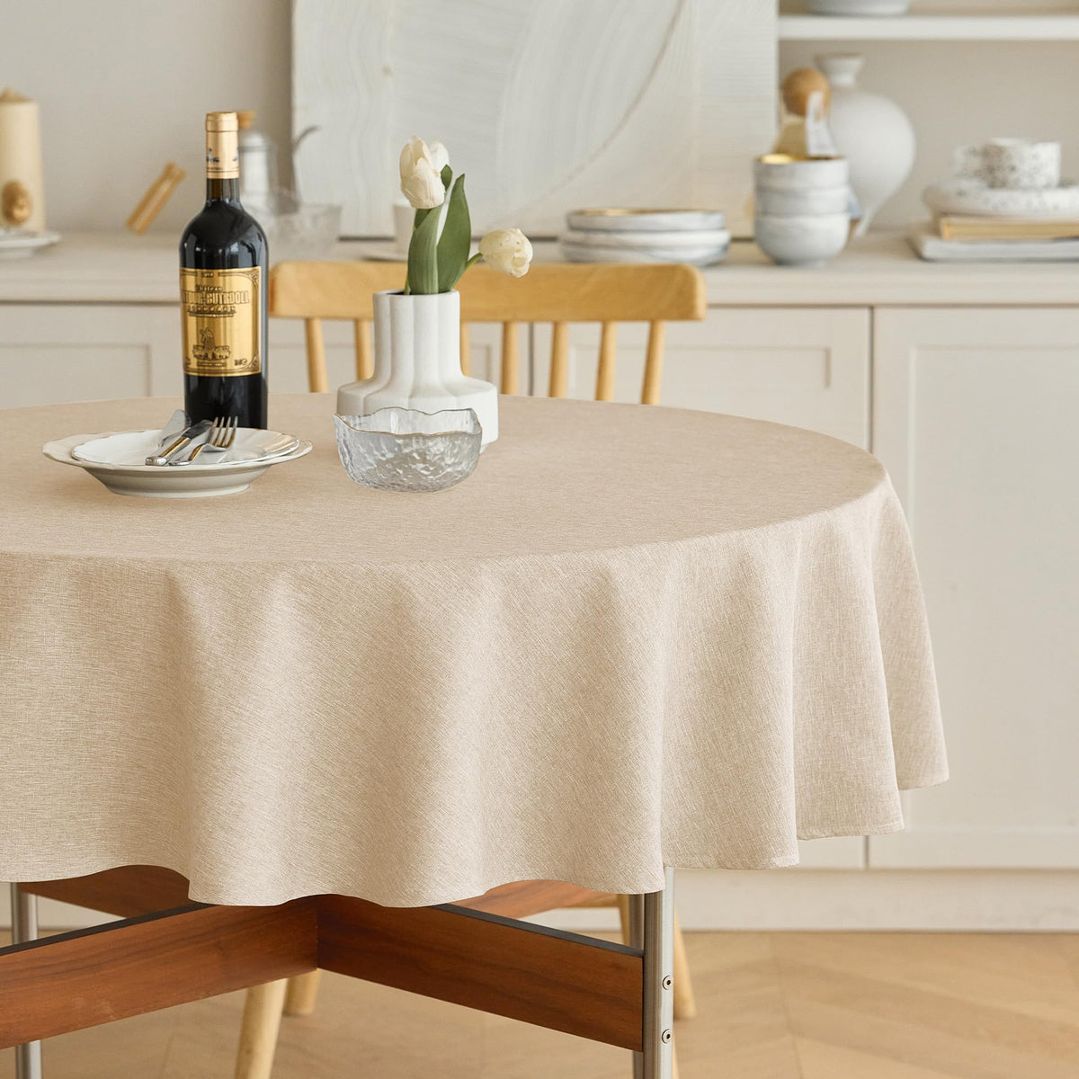 Decorelia waterproof round tablecloth in beige; easy spill cleanup for outdoor dining.