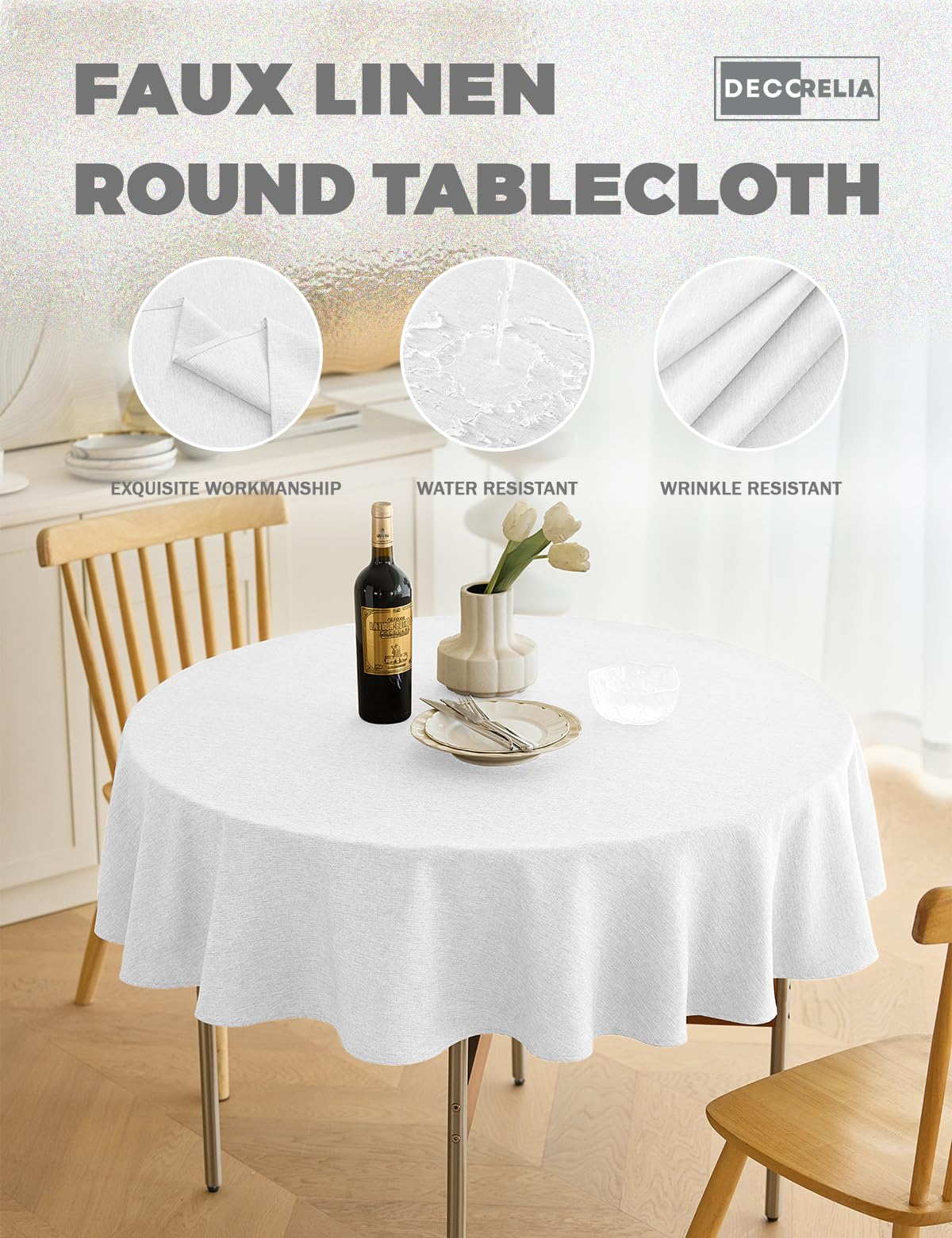 Decorelia anti-scratch round tablecloth shields furniture from pets and utensils.