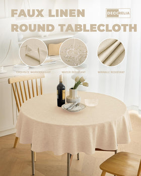 Decorelia round tablecloth demonstrates wrinkle resistance and scratch protection.