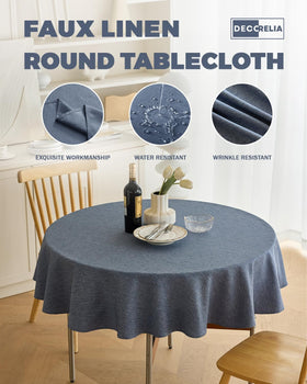 Decorelia wrinkle-free round tablecloth 60in keeps tables neat during gatherings.