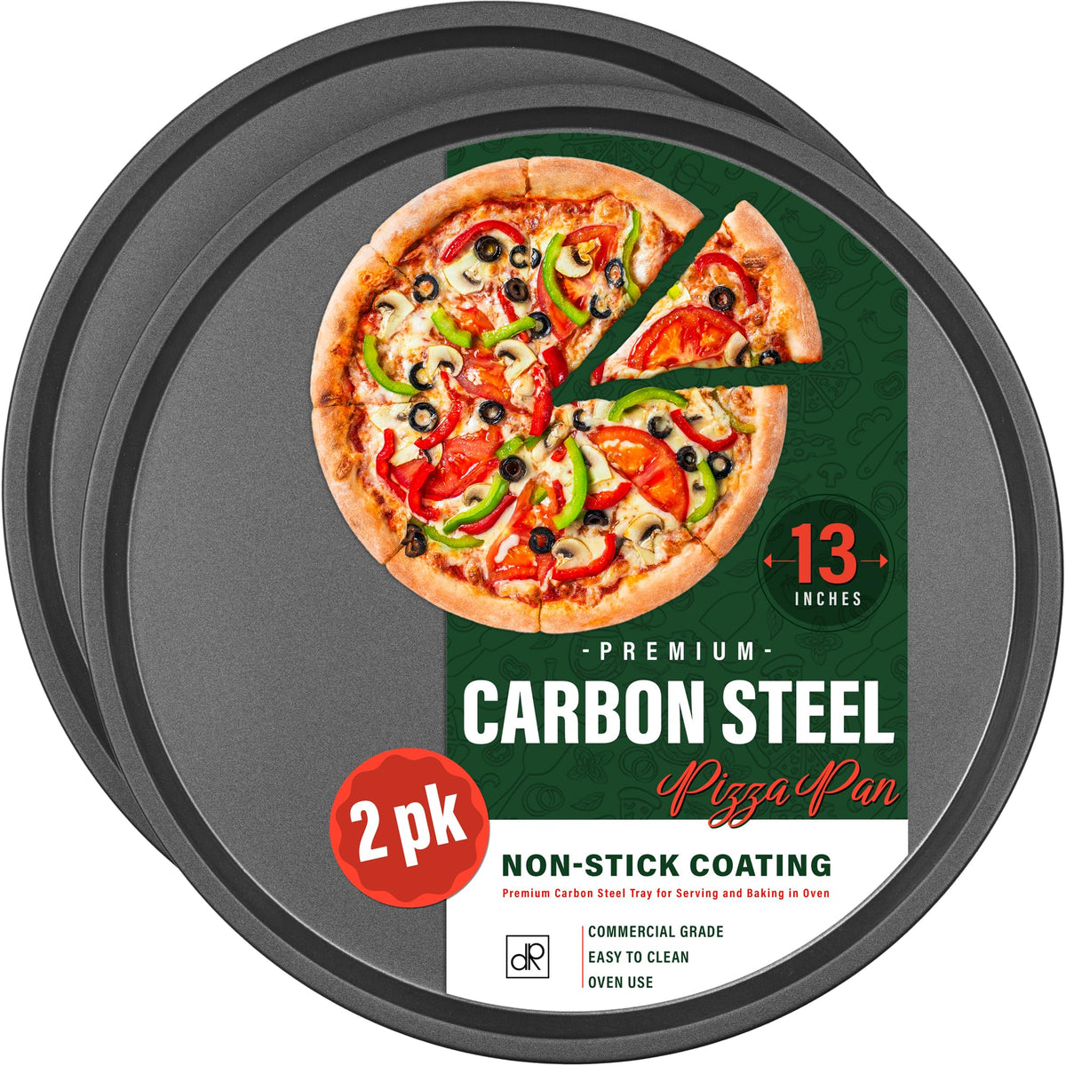 DecorRack 13in pizza pan top view highlighting even heat distribution for baking