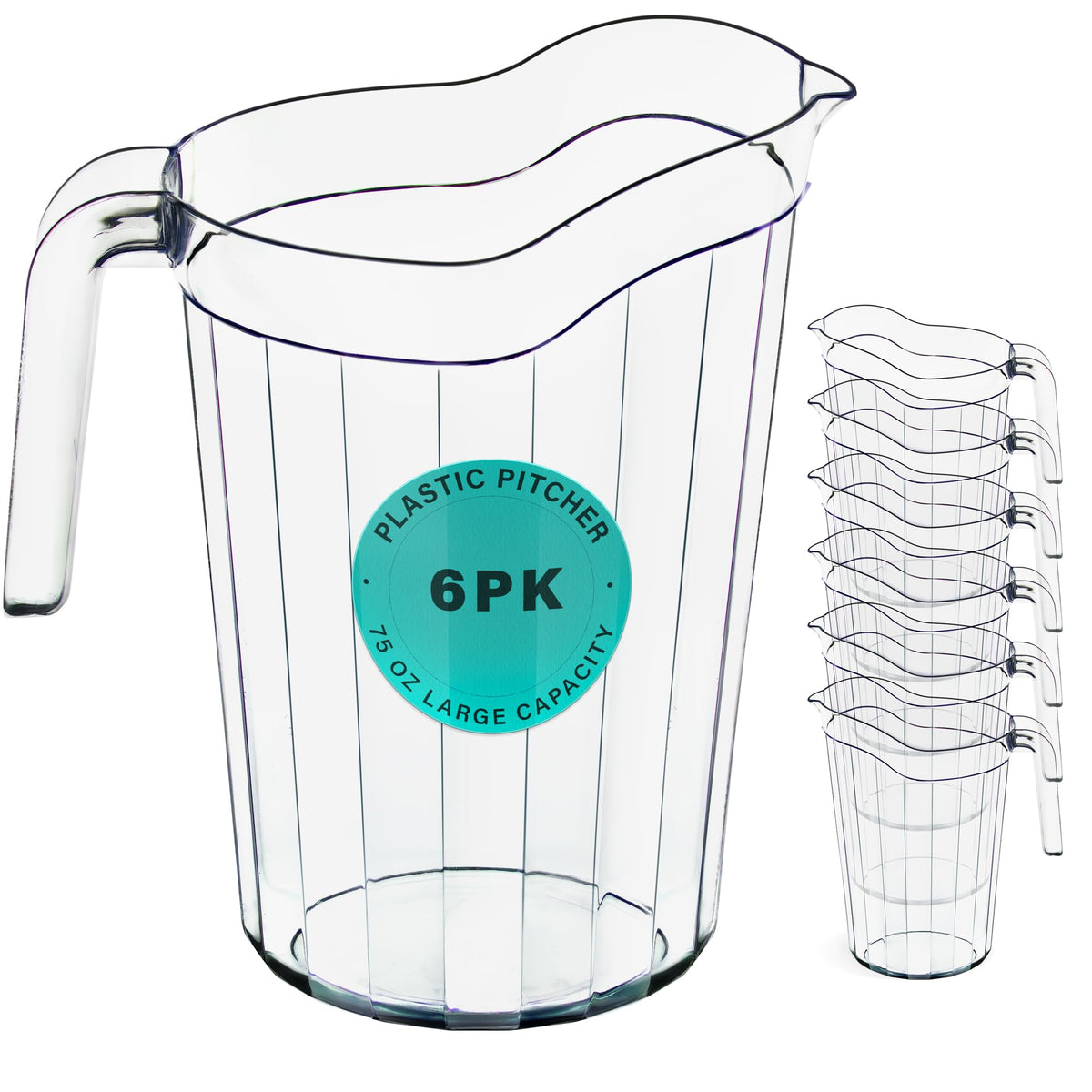 DecorRack 6-pack 75oz pitchers lined up for party beverages.