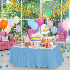 DecorRack light blue table skirt set up at a buffet or dining table
