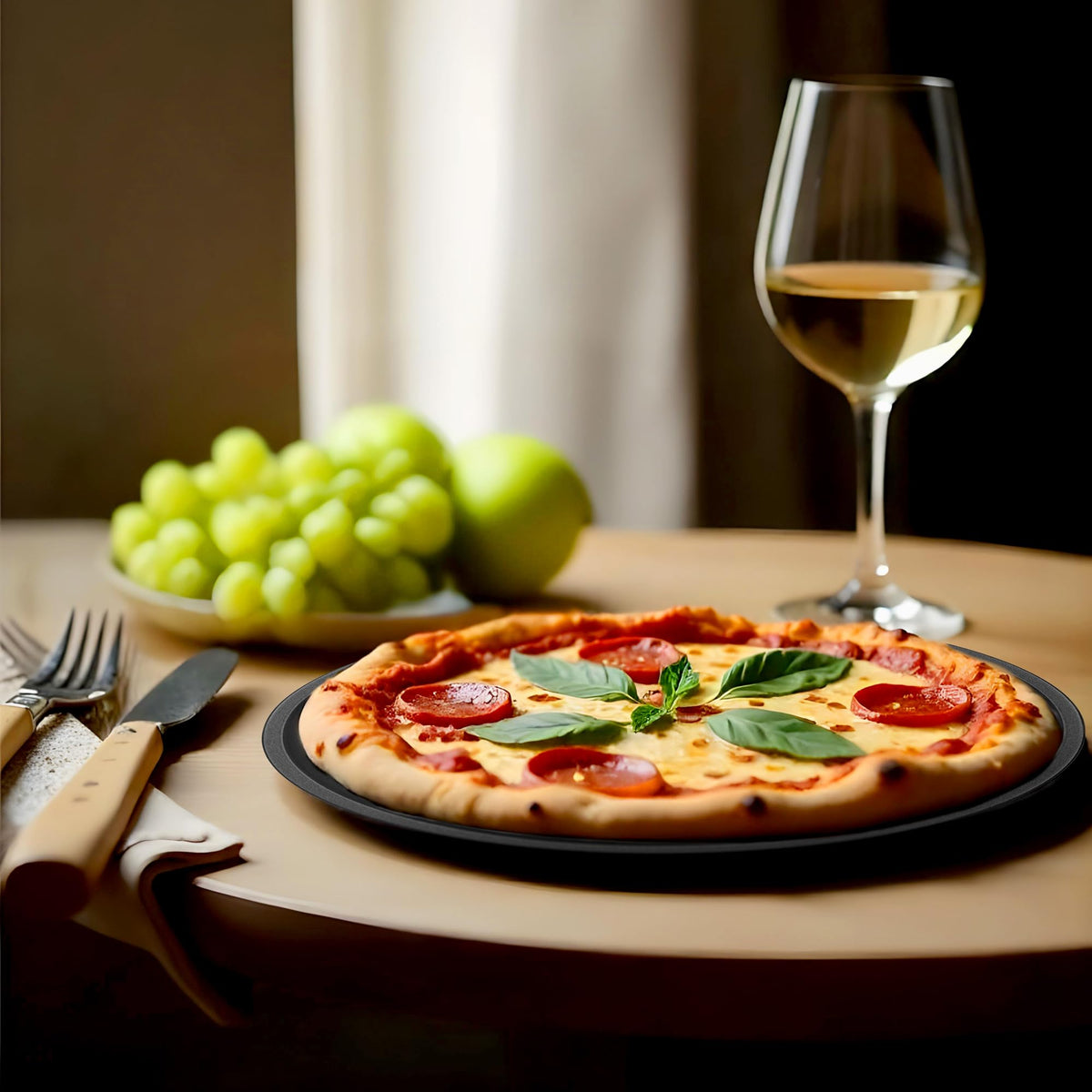 DecorRack pizza pan rim detail highlighting 0.37-inch edge for secure handling