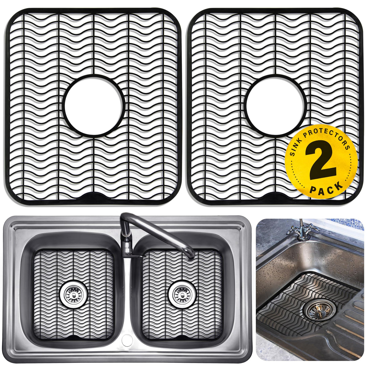 DecorRack 2-pack black sink protector with raised feet protects sink while draining water.