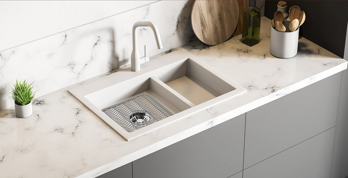 DecorRack center-hole drain design channels water away from dishes.