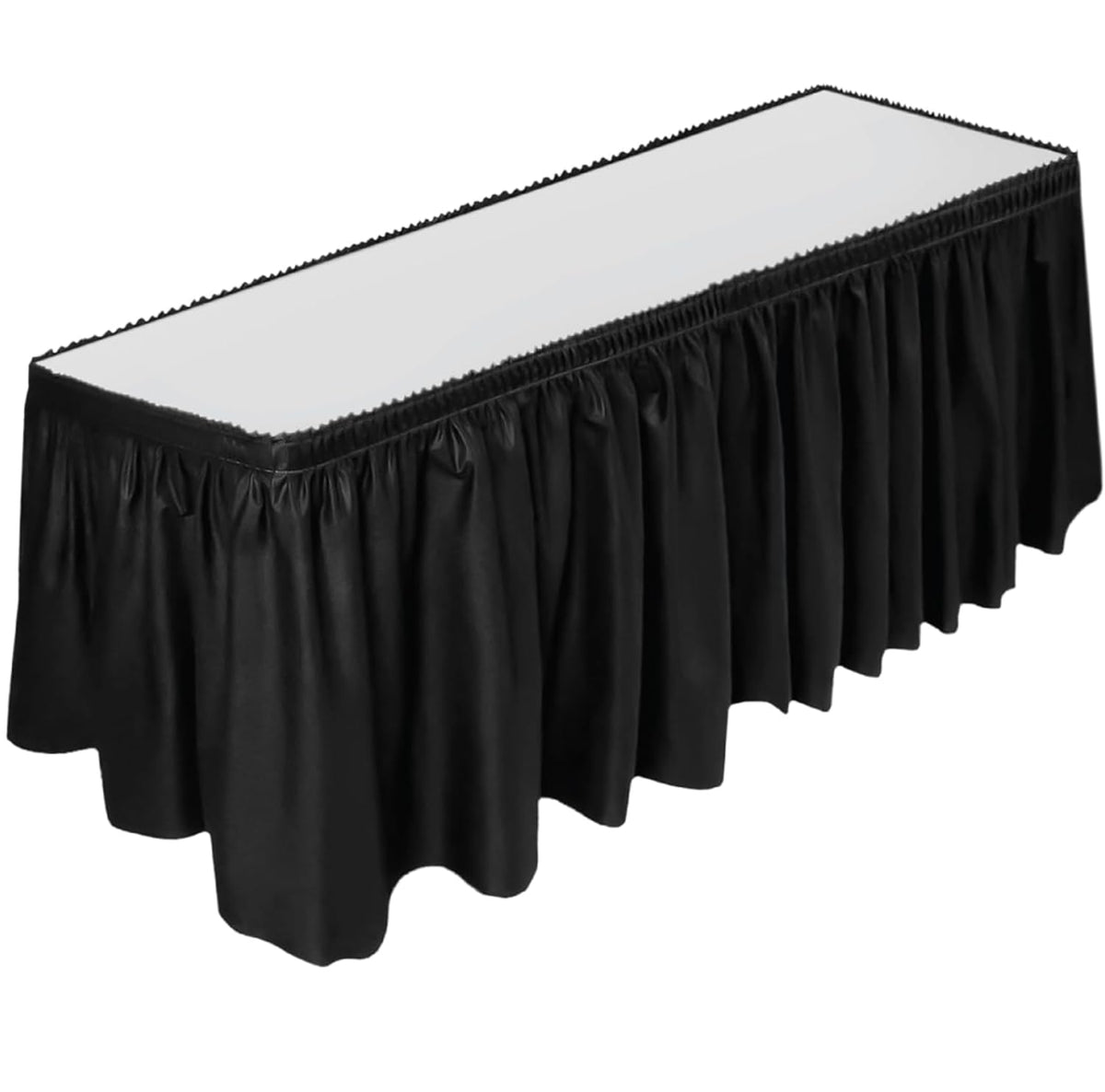 DecorRack black table skirt drapes a 29in by 14ft table for a polished event backdrop