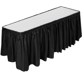 DecorRack black table skirt drapes a 29in by 14ft table for a polished event backdrop