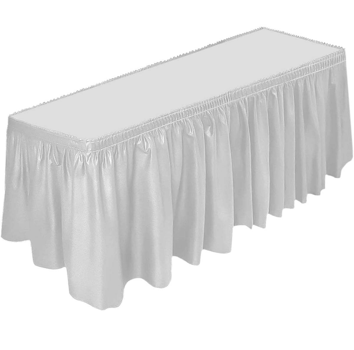 DecorRack white table skirt on a table, protecting surfaces and elevating the event setup.