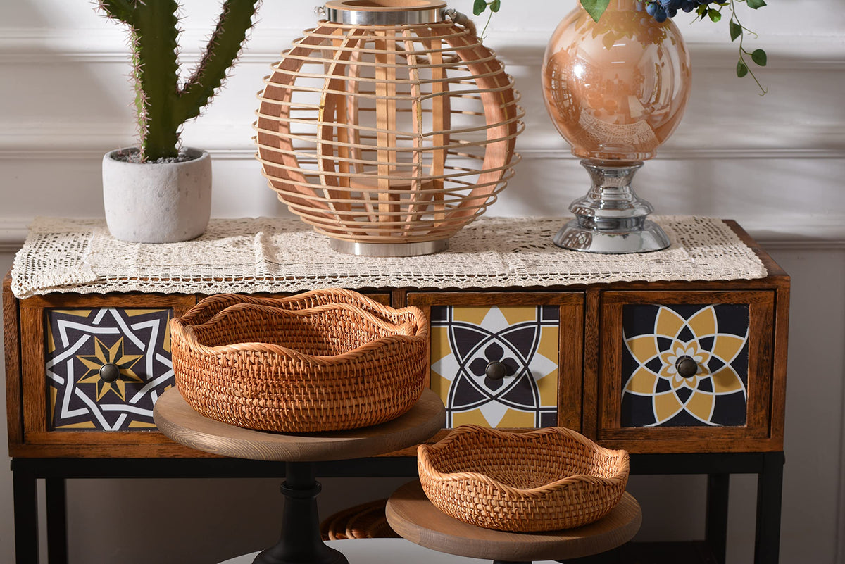 DECRAFTS stackable rattan baskets help organize a pantry or shelf