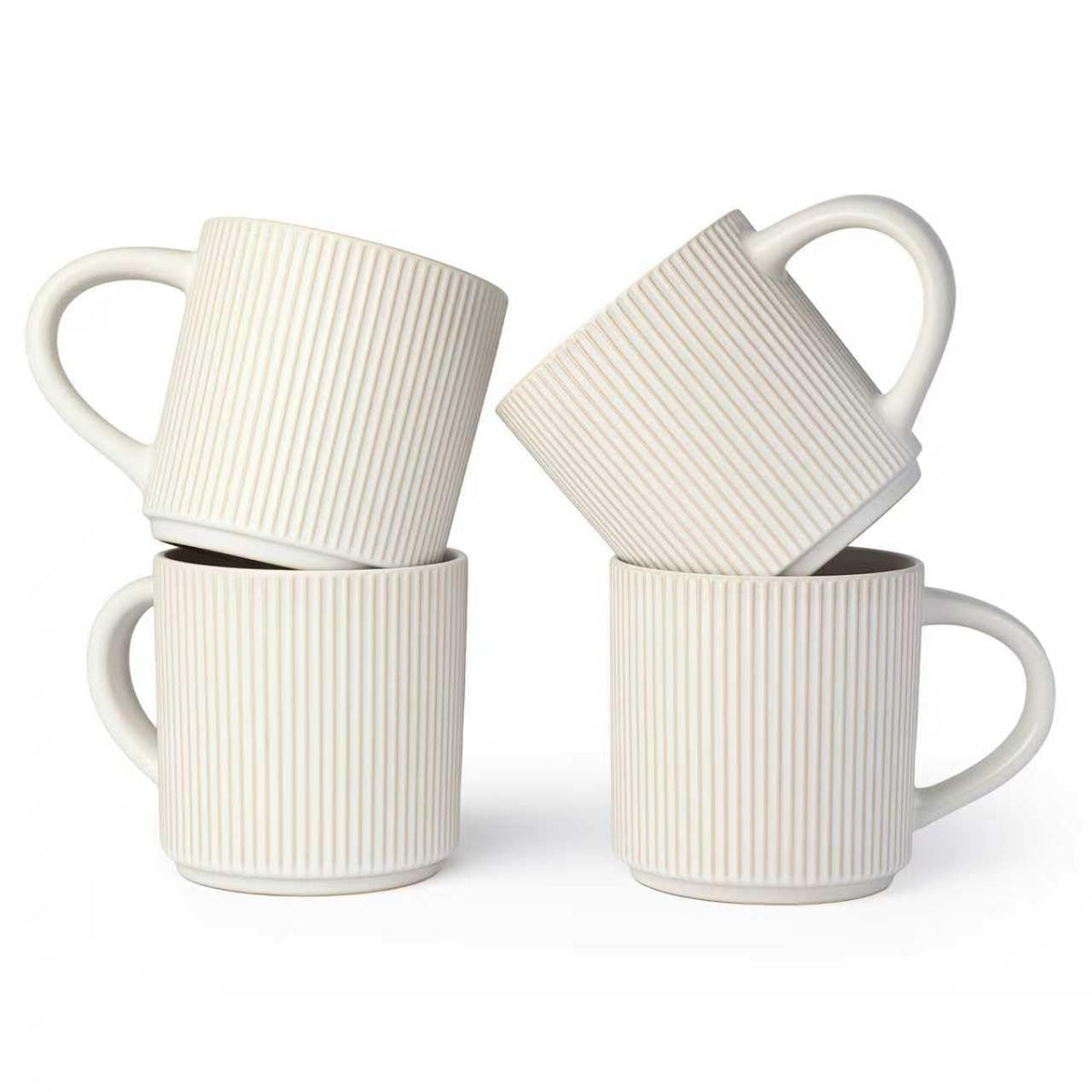 DeeCoo matte white 4-pack mug set in a clean kitchen for daily coffee use