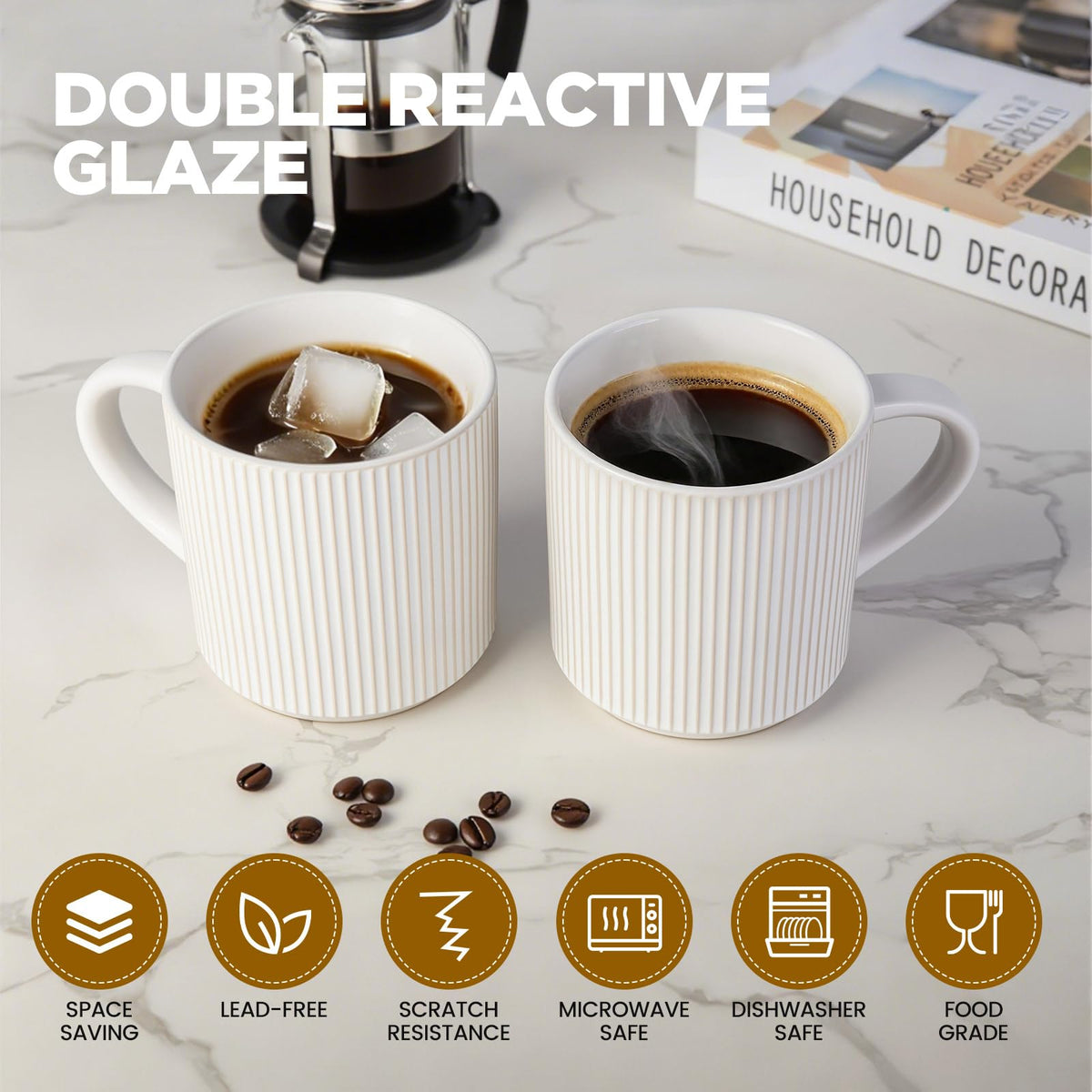 DeeCoo stackable mug with grooved base saving cabinet space
