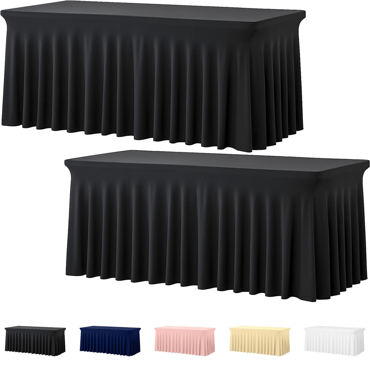 Deep Dream 2-pack black spandex table covers for a 6ft table provide a sleek, secure fit.