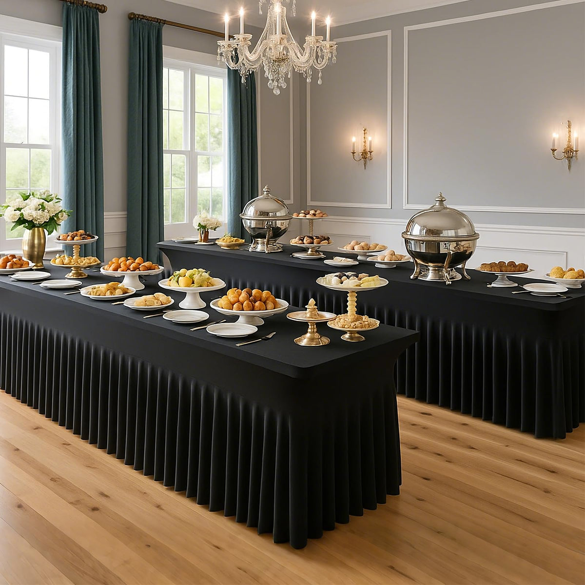 Deep Dream event-ready black table decor ideal for weddings and banquets.