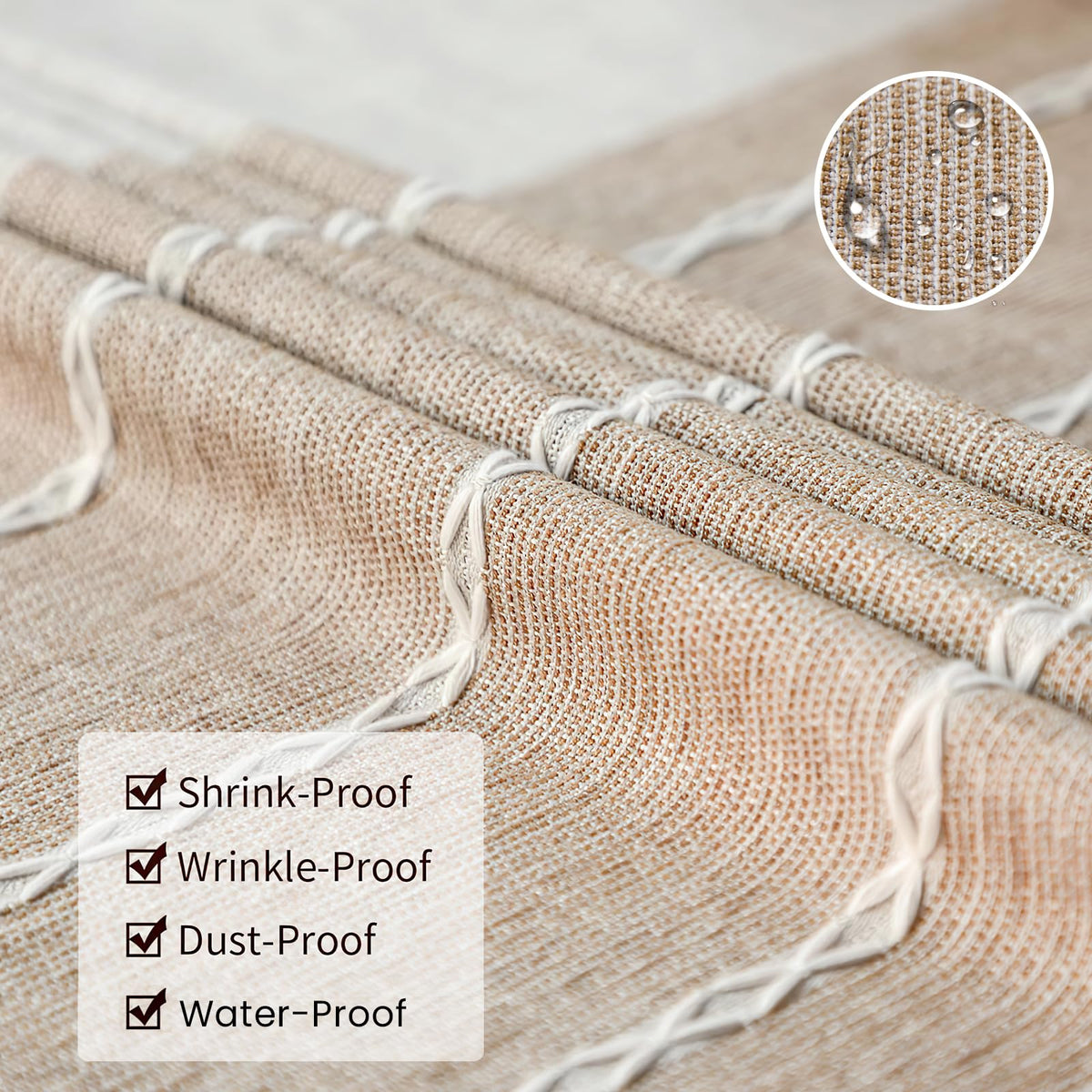 Deep Dream tablecloth care guide shows machine wash and quick drying.
