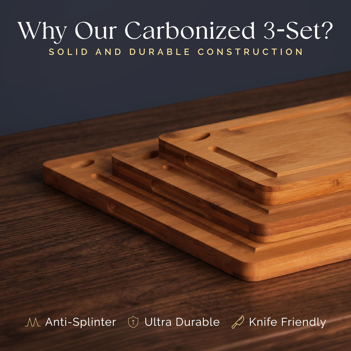 Deer & Oak three-piece board set organized for meats, cheeses, and veggies
