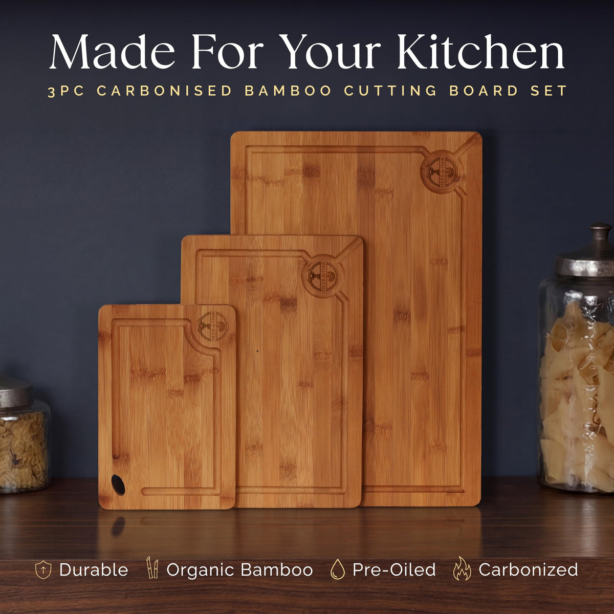 Deer & Oak medium carbonized bamboo board captures juices during prep