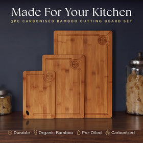Deer & Oak medium carbonized bamboo board captures juices during prep