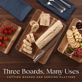 Deer & Oak gift-ready acacia cutting board set for entertaining.