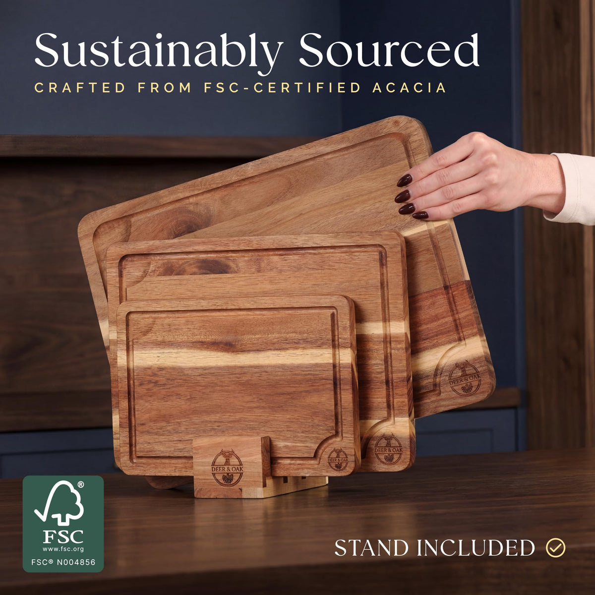 Deer & Oak wooden stand for cutting boards keeps prep area tidy.