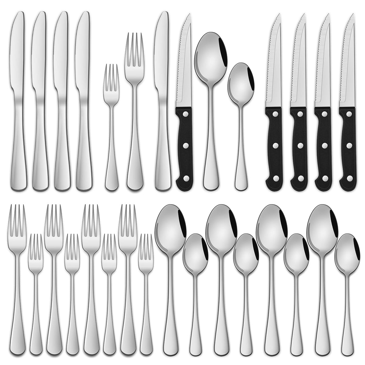 Dehov 24-piece silverware set for 4 with mirror finish, durable daily use.