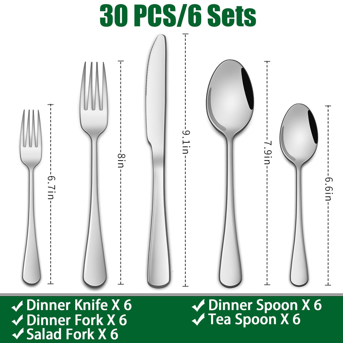 Dehov 30-piece silverware set salad forks with sleek mirror polish.