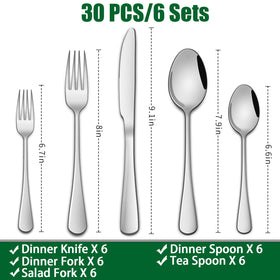 Dehov 30-piece silverware set salad forks with sleek mirror polish.
