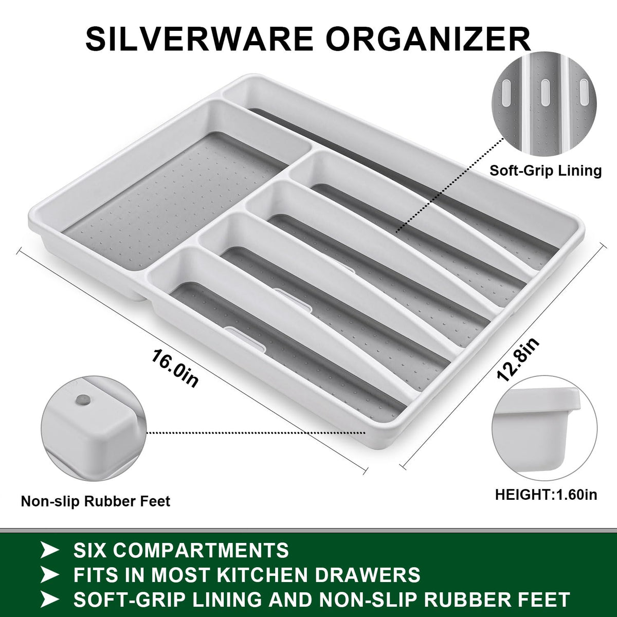 Dehov six-compartment drawer organizer holds cutlery neatly