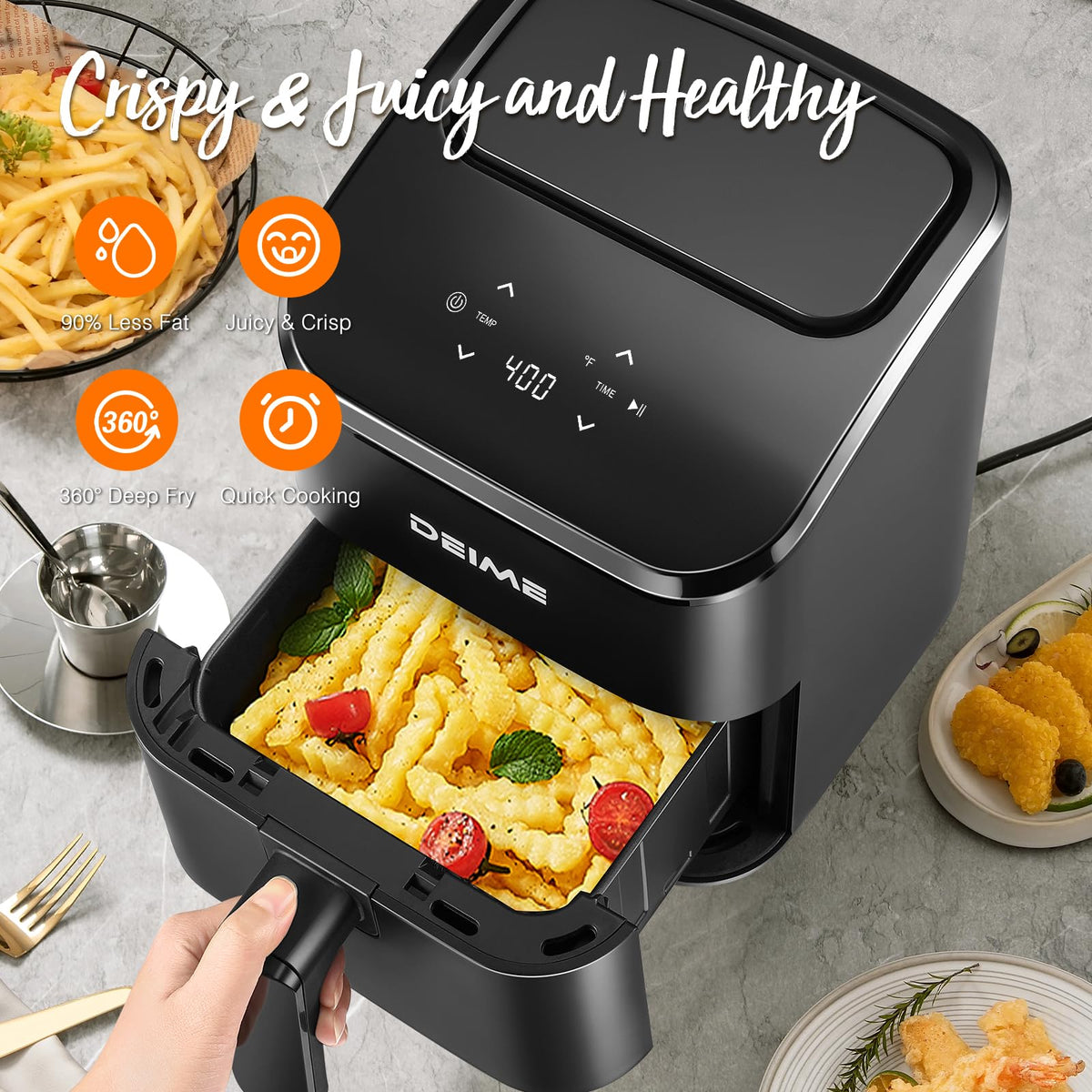 DEIME Air Fryer compact countertop design supports 1-2 person meals with quiet operation.