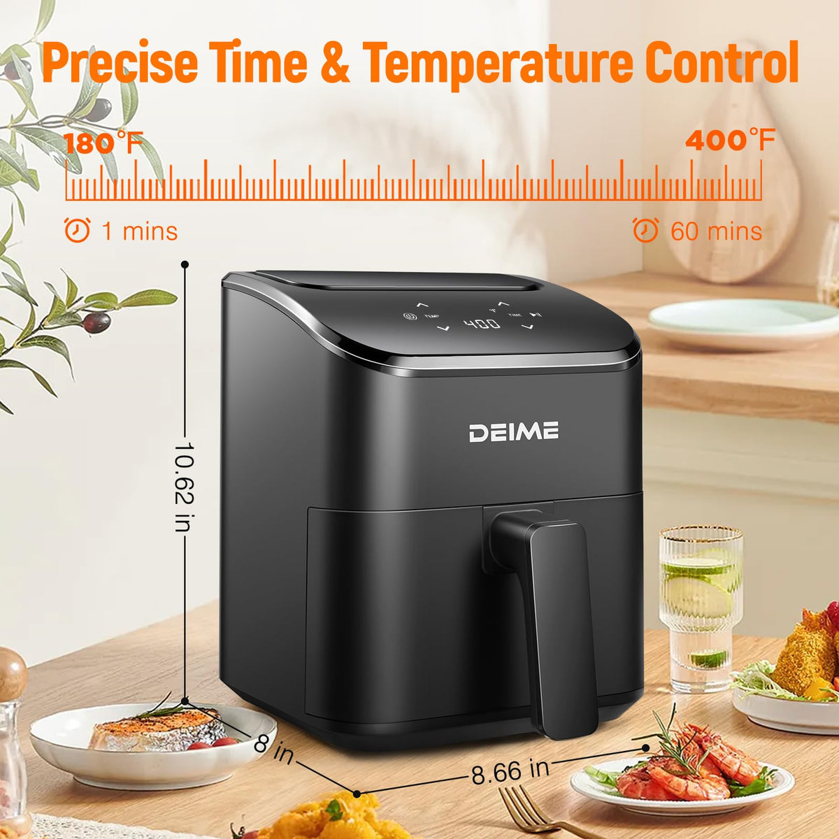 DEIME Air Fryer space-saving design fits on crowded countertops and keeps kitchens clutter-free.