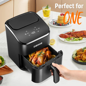 DEIME Air Fryer square basket delivers efficient 3-quart capacity in a space-saving frame.