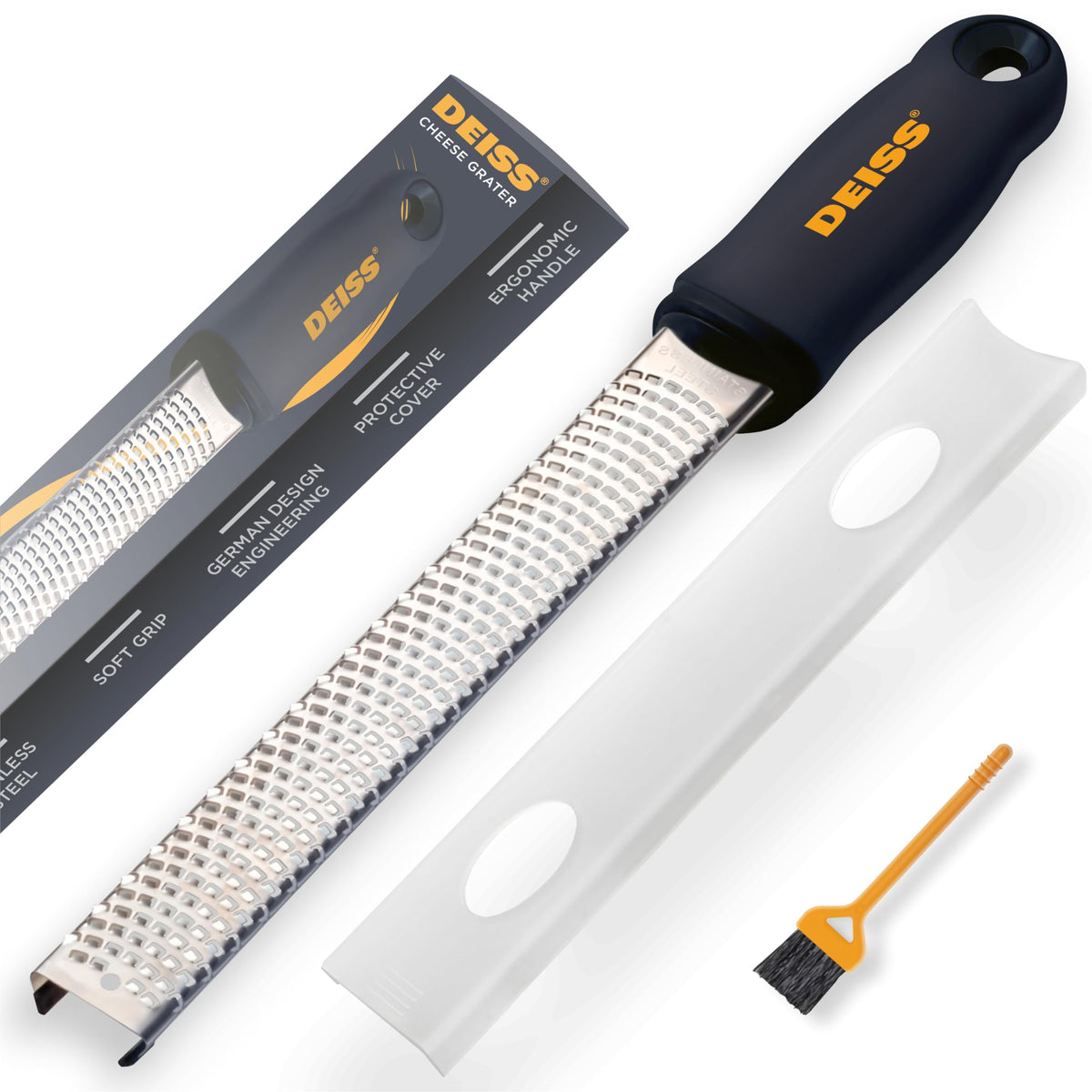 Deiss PRO Citrus Zester & Cheese Grater with razor blade for effortless zesting.